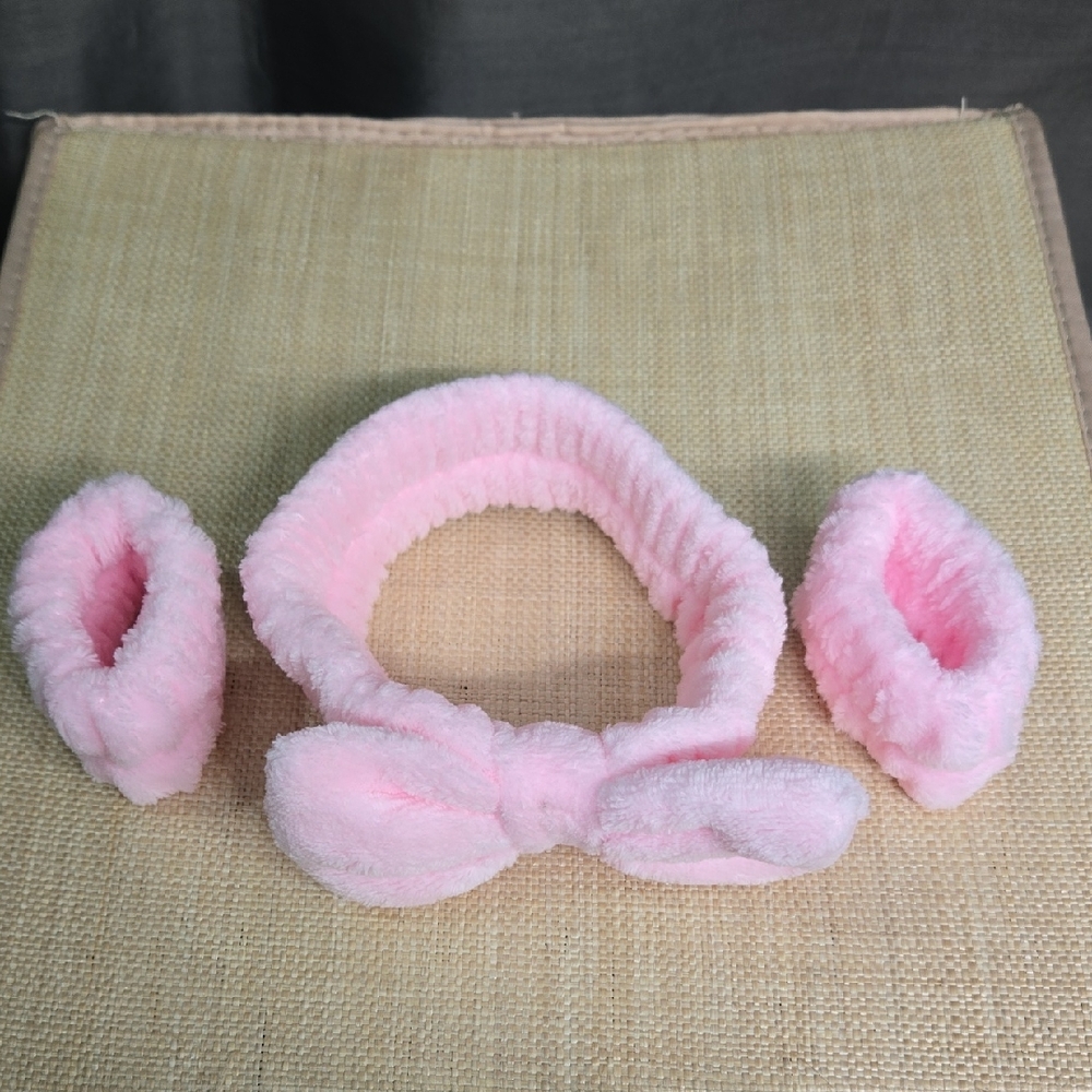 Pink Fuzzy Headband and Wristbands Set